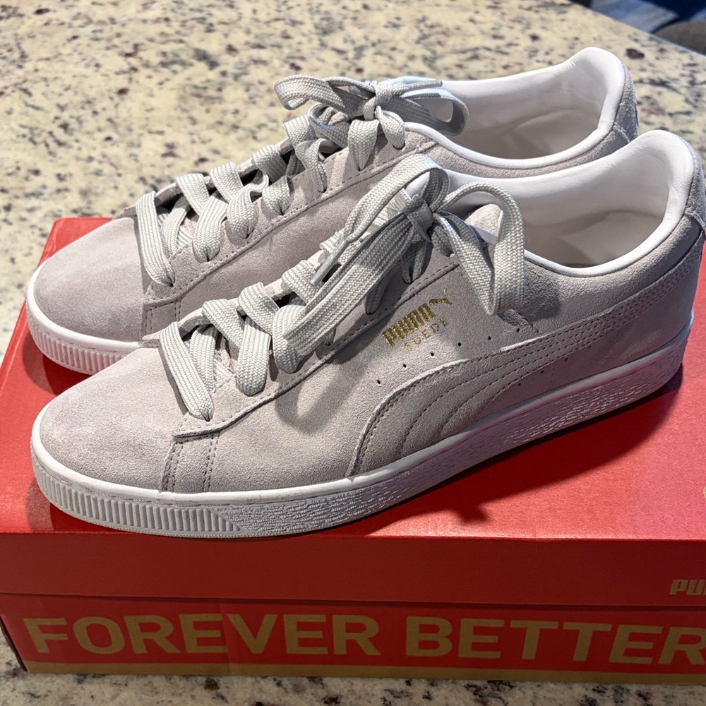 Puma Grey Suede Low-Top Sneakers with Gold Logo & White Sole